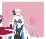  2girls black_bow black_thighhighs blue_eyes bow braid breasts center_opening cleavage clothing_cutout dress fairy_knight_tristan_(fate) fate/grand_order fate_(series) french_braid fumotewi garter_straps highres large_breasts long_hair midriff morgan_le_fay_(fate) multiple_girls pink_hair red_dress stomach_cutout thighhighs two-tone_dress white_hair 