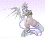  1girl arm_under_breasts ass bodysuit boots breasts full_body gradient gradient_background half-closed_eyes high_heel_boots high_heels highres honeycomb_(pattern) honeycomb_background horns kneeling large_breasts looking_at_viewer mechanical_horns mechanical_tail mechanical_wings original pink_eyes respirator shiny shiny_clothes short_hair skin_tight skindentation solo suerte tail thigh_boots white_hair wings 