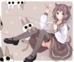  1girl :o animal_ear_fluff animal_ears bangs black_footwear blush brown_background brown_hair brown_sailor_collar brown_skirt cat_ears cat_girl cat_tail commentary_request drawing_tablet enuni green_eyes hair_ornament highres holding holding_stylus huion long_sleeves looking_at_viewer original parted_lips paw_print paw_print_background puffy_long_sleeves puffy_sleeves sailor_collar shirt shoes skirt sleeves_past_wrists solo stylus tail thighhighs two-tone_background white_background white_shirt 