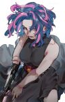  1girl bare_arms belt black_shirt blue_hair boku_no_hero_academia breasts gun highres lady_nagant medium_hair multicolored_hair open_mouth pink_eyes pink_hair shirt sleeveless sleeveless_shirt solo su_forseign_ftf two-tone_hair utility_belt weapon 