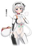  1girl ayanami_rei ayanami_rei_(cosplay) black_hairband black_ribbon blue_eyes bob_cut bodysuit bow_hairband brown_hair cosplay hair_ribbon hairband hairpods highres hitodama konpaku_youmu konpaku_youmu_(ghost) pilot_suit plugsuit ribbon short_hair simple_background socks solo souryuu_asuka_langley souryuu_asuka_langley_(cosplay) speech_bubble touhou white_background white_bodysuit white_hair youmu-kun 