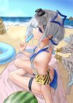  1girl absurdres amane_kanata angel_wings armband ass asymmetrical_hair axolotl_(minecraft) back bangs beach beach_towel bikini blue_bikini blue_hair blue_sky blue_wings breasts butt_crack colored_inner_hair day detached_wings eating eyewear_on_head feathered_wings food food_in_mouth from_side fruit gradient gradient_wings grey_hair hair_ornament hair_rings hairclip halo highres holding holding_food hololive innertube long_hair looking_at_viewer multicolored_hair multicolored_wings ocean outdoors pink_hair plaid plaid_bikini popsicle purple_eyes sand sand_sculpture shhhh7 single_hair_intake sitting sky small_breasts solo star_halo streaked_hair sunglasses swimsuit thigh_strap towel virtual_youtuber water watermelon white_wings wings yokozuwari 