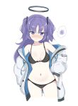  1girl black_bra black_panties blue_archive bra embarrassed halo hand_on_hip highres hrna jacket navel panties purple_eyes purple_hair simple_background solo spoken_squiggle squiggle twintails underwear white_background yuuka_(blue_archive) 