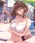 1girl artist_name aztodio bag bangs bare_shoulders blush bottomless breasts brown_hair choker cleavage collarbone crossed_arms flower genshin_impact green_eyes hair_flower hair_ornament large_breasts leaf lisa_(genshin_impact) long_hair looking_at_viewer off-shoulder_shirt off_shoulder outdoors shirt shoulder_bag smile solo tree white_shirt 