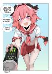  1boy artist_request astolfo_(fate) astolfo_(sailor_paladin)_(fate) black_bow bow braid crossdressing energy_drink fang fate/apocrypha fate/grand_order fate_(series) highres long_braid long_hair male_focus neckerchief open_mouth otoko_no_ko pink_hair pink_neckerchief pink_sailor_collar purple_eyes rumi_(rumigawa31) sailor_collar school_uniform serafuku single_braid skin_fang smile 