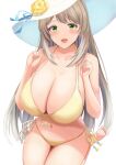  1girl :d absurdres bangs bare_shoulders bikini blue_archive blush breasts brown_hair cleavage flower green_eyes hat hat_flower highres huge_breasts kevin5573 large_breasts long_hair looking_at_viewer navel nonomi_(blue_archive) nonomi_(swimsuit)_(blue_archive) open_mouth seiza side-tie_bikini simple_background sitting smile soles solo straw_hat sun_hat swimsuit thighs toes white_background yellow_bikini 