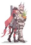  2girls :d arknights bangs black_choker black_footwear black_gloves bonjirix boots cabbie_hat choker collarbone commentary_request full_body gloves grey_hair grey_jacket hat highres holding holding_plant horns horns_through_headwear infection_monitor_(arknights) jacket knee_pads long_hair long_sleeves low-tied_long_hair mudrock_(arknights) multiple_girls open_mouth plant pointy_ears potted_plant red_eyes red_hair red_headwear simple_background smile very_long_hair vigna_(arknights) walking white_background 