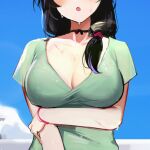  1girl :o arm_under_breasts black_hair blue_sky blush breasts cleavage collarbone day ejami ekko_(ejami) green_shirt hair_over_shoulder head_out_of_frame large_breasts long_hair low_ponytail open_mouth original outdoors shirt short_sleeves sky solo sweat upper_body 