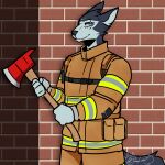  2022 absurd_res anthro black_nose blind_eye brick_wall canid canine chevron_(marking) clothed clothing commanderthings eye_scar facial_scar female fire_axe firefighter fully_clothed fully_clothed_female hi_res holding_object holding_weapon looking_at_viewer mammal maned_wolf markings prick_ears scar sierra_(wolffie) simple_background smile solo standing turnout_gear wall_(structure) weapon 