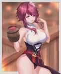  1girl absurdres armpits ass bangs bar beer_mug blurry blurry_background blush breasts cup curvy drink genshin_impact halter_top halterneck hand_up highres holding holding_cup large_breasts legsta looking_at_viewer mug multicolored_hair open_mouth panties purple_eyes purple_hair red_hair rosaria_(genshin_impact) shirt short_hair_with_long_locks side_slit sideboob skirt sleeveless sleeveless_shirt smile solo streaked_hair underbust underwear 