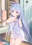  1girl bangs bare_arms bare_shoulders blue_hair blush brushing_hair closed_mouth collarbone commentary_request hair_between_eyes hair_brush hands_up holding holding_brush indoors lala_tramont laundry_basket long_hair naked_towel original purple_eyes shower_(place) shower_head solo standing tile_floor tile_wall tiles towel very_long_hair yuuki_rika 