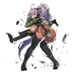  1girl ahoge ass assault_rifle bent_over blue_eyes boots breasts chest_strap defeat explosive full_body game_cg gloves gnome_(last_origin) grenade gun highres huge_breasts last_origin leotard long_hair looking_at_viewer looking_back official_art one_eye_closed pantyhose ponytail purple_hair rifle snowball22 solo tachi-e thigh_boots thighhighs torn_clothes torn_legwear transparent_background weapon yellow_leotard 