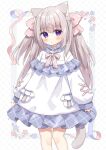  1girl :o animal_ear_fluff animal_ears bangs blue_flower blush bow brown_hair cat_ears cat_girl cat_tail commentary_request dress feet_out_of_frame floral_background flower frilled_dress frills hair_between_eyes hair_ribbon highres long_hair long_sleeves looking_at_viewer nakkar original parted_lips pink_bow pink_ribbon puffy_long_sleeves puffy_sleeves purple_eyes red_flower ribbon signature sleeves_past_wrists solo standing tail two_side_up very_long_hair white_background white_dress white_flower 