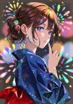  1girl aerial_fireworks blue_eyes blue_kimono blue_nails blurry blurry_background blush commentary_request depth_of_field earrings festival fireworks floral_print from_side hair_between_eyes hair_bun hair_ornament hairclip hand_up highres index_finger_raised japanese_clothes jewelry kimono looking_at_viewer looking_to_the_side morikura_en nail_polish obi original parted_lips sash short_hair solo upper_body yukata 