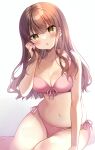  1girl :o bangs bare_arms bare_shoulders bikini blush breasts brown_hair cleavage collarbone commentary_request front-tie_bikini front-tie_top gradient gradient_background grey_background hair_between_eyes head_tilt highres long_hair medium_breasts minami_saki navel original parted_lips pink_bikini side-tie_bikini sitting solo swimsuit white_background yellow_eyes 