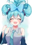  1girl :d aqua_hair bare_shoulders bow cinnamiku closed_eyes detached_sleeves grey_shirt hair_bow happy hatsune_miku headset highres necktie open_mouth shinonome_asu shirt simple_background sleeveless smile solo twintails upper_body vocaloid white_background 