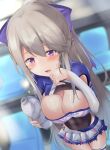  1girl alternate_costume azur_lane blurry blurry_background bottle breasts casablanca_(azur_lane) casablanca_(cheer_squad_on_break)_(azur_lane) cheerleader cleavage commentary_request detached_sleeves grey_hair highres large_breasts long_hair navel pool purple_eyes solo sweat thighhighs tonchinkan water_bottle 