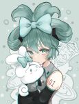  1girl bangs blue_eyes blue_hair blush bow checkerboard_cookie cinnamiku cinnamoroll collared_shirt cookie cosplay cup detached_sleeves ear_bow food hair_bow hatsune_miku hatsune_miku_(cosplay) highres holding hug ktori long_hair long_sleeves looking_at_viewer mug parfait sanrio shirt sleeveless sleeveless_shirt tied_ears updo vocaloid 