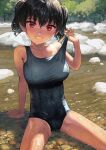  1girl black_hair black_swimsuit breasts covered_navel forest hair_between_eyes highres kaedeko_(kaedelic) large_breasts looking_at_viewer nature one-piece_swimsuit oppai_loli original outdoors red_eyes sasaki_kanna_(kaedeko) school_swimsuit short_hair sitting smile solo swimsuit tan tanlines thighs twintails water wet wet_clothes wet_hair wet_swimsuit 