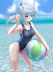 1girl absurdres animal_ear_fluff animal_ears ball bangs beachball black_swimsuit blue_archive blue_eyes blue_sky breasts cloud competition_swimsuit covered_navel cross_hair_ornament day extra_ears grey_hair hair_ornament halo highres horizon looking_at_viewer low_ponytail medium_breasts medium_hair mismatched_pupils multicolored_clothes multicolored_swimsuit ocean one-piece_swimsuit outdoors shiroko_(blue_archive) shiroko_(swimsuit)_(blue_archive) sky soaking_feet solo standing swimsuit syatihoko123 water 