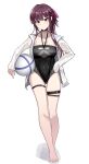  1girl ball bangs barefoot beachball black_choker black_swimsuit blush breasts choker closed_mouth collarbone competition_swimsuit covered_navel full_body girls&#039;_frontline hair_ribbon hand_on_hip highres holding holding_ball legs long_hair long_sleeves looking_at_viewer medium_breasts official_alternate_costume one-piece_swimsuit one_smoke open_clothes open_shirt pink_ribbon purple_hair red_eyes ribbon see-through shirt solo standing swimsuit toes wa2000_(girls&#039;_frontline) wa2000_(op._manta_ray)_(girls&#039;_frontline) wet wet_clothes wet_shirt white_background white_shirt 