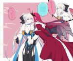  2girls black_bow black_thighhighs blue_eyes bow braid breasts center_opening cleavage clothing_cutout dress drill_hair fairy_knight_tristan_(fate) fate/grand_order fate_(series) french_braid fumotewi garter_straps highres kiss kissing_cheek large_breasts long_hair midriff morgan_le_fay_(fate) multiple_girls pink_hair red_dress sidelocks stomach_cutout surprise_kiss surprised thighhighs tiara two-tone_dress white_hair 