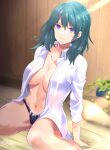  1girl absurdres arm_support bangs black_panties blue_eyes blue_hair blurry blurry_background bow bow_panties breasts byleth_(fire_emblem) byleth_(fire_emblem)_(female) collarbone commentary_request feet_out_of_frame fire_emblem fire_emblem:_three_houses hair_between_eyes highres huleito indoors large_breasts light_rays long_hair long_sleeves looking_at_viewer navel open_clothes open_shirt panties plant shirt sitting solo stomach underwear wariza white_shirt 