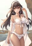  1girl arm_at_side beach bikini black_hair blush breasts brown_eyes brown_hair cleavage cowboy_shot frilled_bikini frills front-tie_top hair_flaps hair_ornament hairband hairclip halterneck hand_up haruna_(kancolle) highres kantai_collection kasumi_(skchkko) long_hair looking_at_viewer medium_breasts navel off_shoulder open_clothes open_robe open_shirt robe shirt smile solo standing stomach swimsuit wet white_bikini white_hairband white_robe white_shirt 