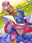  1girl blue_skin breasts clenched_hand collarbone colored_skin eyewear_on_headwear greninja hat high-waist_skirt highres inana_umi open_mouth pleated_skirt pokemon pokemon_(creature) pokemon_(game) pokemon_xy red_eyes red_skirt serena_(pokemon) shuriken skirt smile stairs sunglasses teeth tongue v-shaped_eyebrows water weapon webbed_hands 
