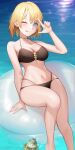  1girl ;p absurdres bikini blonde_hair blue_eyes breasts highres hololive hololive_english innertube medium_breasts midriff mole mole_on_breast navel one_eye_closed short_hair sitting smol_ame solo swimsuit tehepero tongue tongue_out tungsten_(kwfr4544) virtual_youtuber water watson_amelia 
