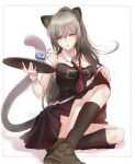  1girl alternate_costume animal_ears arknights bangs black_dress breasts cat_ears cat_tail commentary_request cup detached_collar dress drinking_glass grey_footwear grey_hair highres holding holding_tray kneehighs large_breasts long_hair looking_at_viewer parted_lips schwarz_(arknights) shoes short_dress simple_background sitting socks solo star_(stars027) strapless strapless_dress tail tray very_long_hair white_background wrist_cuffs yellow_eyes 