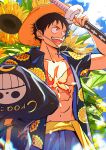  2boys absurdres anger_vein black_hair commentary cross_scar flower hat highres holding holding_sword holding_weapon male_focus monkey_d._luffy multiple_boys mygiorni one_piece parted_lips scar scar_on_chest sheath sheathed straw_hat sunflower sword symbol-only_commentary teeth trafalgar_law upper_teeth weapon 
