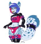  anthro blue_body blue_fur blue_hair bulge clothed clothing condom condom_in_mouth crossdressing felid fur girly hair kimmycat latex_clothing legwear male mammal navel pantherine panties red_eyes sexual_barrier_device snow_leopard solo spots thigh_highs tight_clothing underwear 