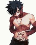  1boy artist_name black_hair black_nails black_pants blue_eyes boku_no_hero_academia burn_scar cheek_piercing cross cross_necklace dabi_(boku_no_hero_academia) hair_over_one_eye hand_under_clothes highres jewelry looking_at_viewer male_focus messy_hair multiple_scars necklace pants piercing ring scar scar_on_arm scar_on_chest scar_on_face scar_on_hand scar_on_neck sharl0ck simple_background solo standing stapled topless_male upper_body white_background 