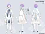  1boy absurdres aqua_hair cross cross_earrings earrings formal gloves heiwa_(murasiho) highres jewelry kamishiro_rui long_sleeves looking_at_viewer male_focus multicolored_hair multiple_views pants project_sekai purple_hair reference_sheet short_hair smile streaked_hair suit white_footwear white_gloves white_pants white_suit yellow_eyes 