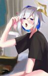  1girl after_sex amane_kanata asymmetrical_bangs asymmetrical_hair bangs blue_hair bob_cut colored_inner_hair condom cum cum_in_mouth cum_on_tongue drinking_from_condom gokkun grey_hair hair_over_one_eye halo highres holding holding_condom hololive multicolored_hair purple_eyes sankon119 short_hair single_hair_intake star_halo streaked_hair tongue tongue_out used_condom virtual_youtuber 