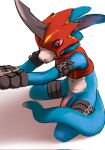  anthro armor arms_tied athletic athletic_male balls bandai_namco bdsm bottomless bound clothed clothing digimon digimon_(species) flaccid flamedramon genitals headgear helmet hi_res male mindkog penis 