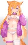  1girl animal_collar animal_ears belt blonde_hair bra breasts clothes_down collar extra_ears fox_ears fox_girl fox_tail garter_belt highres jacket jewelry leona_(sorotu) long_hair long_sleeves medium_breasts no_pants original panties pendant purple_eyes purple_jacket single_garter sorotu tail thigh_belt thigh_strap underwear very_long_hair white_bra white_panties 