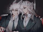  2boys alcohol bai_xiao bishounen black_nails choker collared_shirt daydream_forester doupichipizi ear_piercing formal grey_hair hair_down hair_over_shoulder hand_on_another&#039;s_shoulder highres long_hair multiple_boys piercing pointy_hair profile red_nails shirt sidelocks sky:_children_of_the_light smile suit uniform vest white_hair white_shirt wreath 