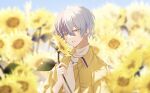  1boy aoyagi_touya flower grey_eyes grey_hair highres holding holding_flower jacket jewelry long_sleeves looking_at_viewer male_focus necklace open_clothes open_jacket project_sekai purple_hair short_hair slc_yh smile sunflower yellow_jacket 