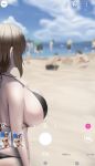  1girl beach breasts brown_hair huge_breasts medium_hair original sand tomiokasena viewfinder 