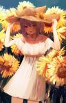  1girl absurdres brown_headwear collarbone cowboy_shot dress flower hair_between_eyes hands_on_headwear hat highres hololive looking_at_viewer medium_hair nanome_to nekomata_okayu open_mouth purple_hair short_sleeves solo straw_hat sunflower white_dress yellow_flower 