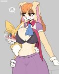  anthro big_breasts blue_eyes blush bodily_fluids breasts brown_eyes canid canine cleavage clothed clothing cooliehigh dialogue duo english_text female fox fur gloves grey_background hair handwear hi_res huge_breasts lagomorph leporid male male/female mammal mature_anthro mature_female miles_prower multicolored_body multicolored_fur navel orange_hair rabbit sega simple_background sonic_the_hedgehog_(series) sweat tan_body tan_fur text two_tone_body two_tone_fur vanilla_the_rabbit video_games white_body white_fur yellow_body yellow_fur 