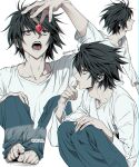  1boy black_eyes black_hair death_note eating food fruit highres holding holding_food holding_fruit l_(death_note) long_sleeves looking_to_the_side m_m_pb male_focus multiple_views open_mouth strawberry 