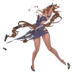 1girl absurdly_long_hair armpits arms_up bangs black_gloves braid breasts brown_eyes curvy dark-skinned_female dark_skin defeat dress full_body game_cg gloves gun handgun high_heels highres injury last_origin long_hair low-tied_long_hair miss_safety navel no_bra official_art open_mouth panties parted_bangs police police_badge police_uniform policewoman ponytail revolver rorobomb shirt shoes shoes_removed short_dress single_braid single_shoe solo tachi-e thong tight tight_shirt toned torn_clothes transparent_background underwear uniform very_long_hair weapon wide_hips 