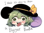  1girl :d bangs black_headwear booba_(meme) chibi english_text eyebrows_visible_through_hat full_body green_hair hair_between_eyes hat hat_ribbon komeiji_koishi meme mismatched_pupils no_nose nyong_nyong open_mouth ribbon sharp_teeth short_hair simple_background smile solo teeth tongue tongue_out touhou white_background worm_girl yellow_ribbon yukkuri_shiteitte_ne 