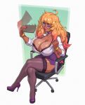  1girl absurdres blonde_hair breasts chair choker cleavage crossed_legs dark-skinned_female dark_skin glasses gyaru high_heels highres large_breasts lipstick long_hair looking_at_viewer makeup mole mole_on_breast nail_polish office_chair office_lady one_eye_closed original purple_eyes riz shirt sitting skirt solo sweat thick_thighs thighhighs thighs 