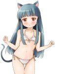  1girl animal_ears arms_up ass_visible_through_thighs bangs bikini blue_hair blunt_bangs breasts cat_ears cat_tail fake_animal_ears fake_tail highres idolmaster idolmaster_cinderella_girls long_hair navel red_eyes sajo_yukimi side-tie_bikini simple_background small_breasts solo swimsuit tail thigh_gap thighs white_background white_bikini xtw4csdj8vwbb7s 