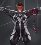  1boy absurdres akashi_(alter)_(live_a_hero) bara black_bodysuit bodysuit bound bound_wrists closed_mouth covered_abs highres kaido_(62145659) kneeling large_pectorals live_a_hero male_focus muscular muscular_male pectorals red_eyes red_hair restrained scar scar_on_face scar_on_nose short_hair skin_tight solo visor 