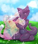  absurd_res ambiguous_gender anthro camychan cradling dripping embrace glistening group half-closed_eyes hi_res hug kobold narrowed_eyes open_mouth purple_body slime slime_rancher sparkles 